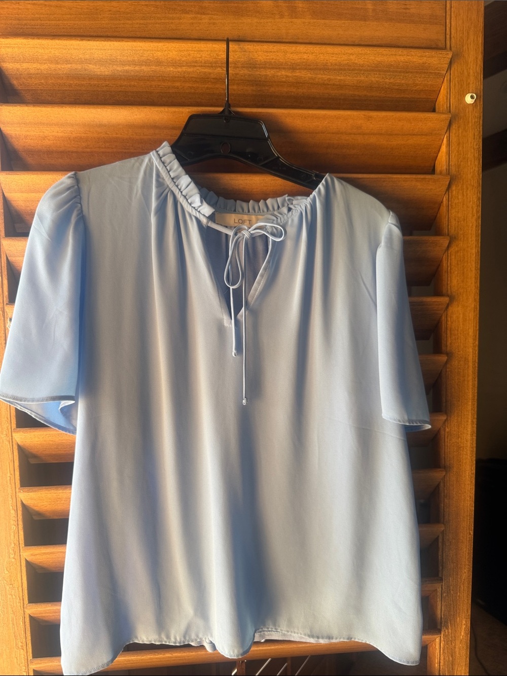 LOFT Pale Blue Ruffle Tie-Neck Short Sleeve Blouse